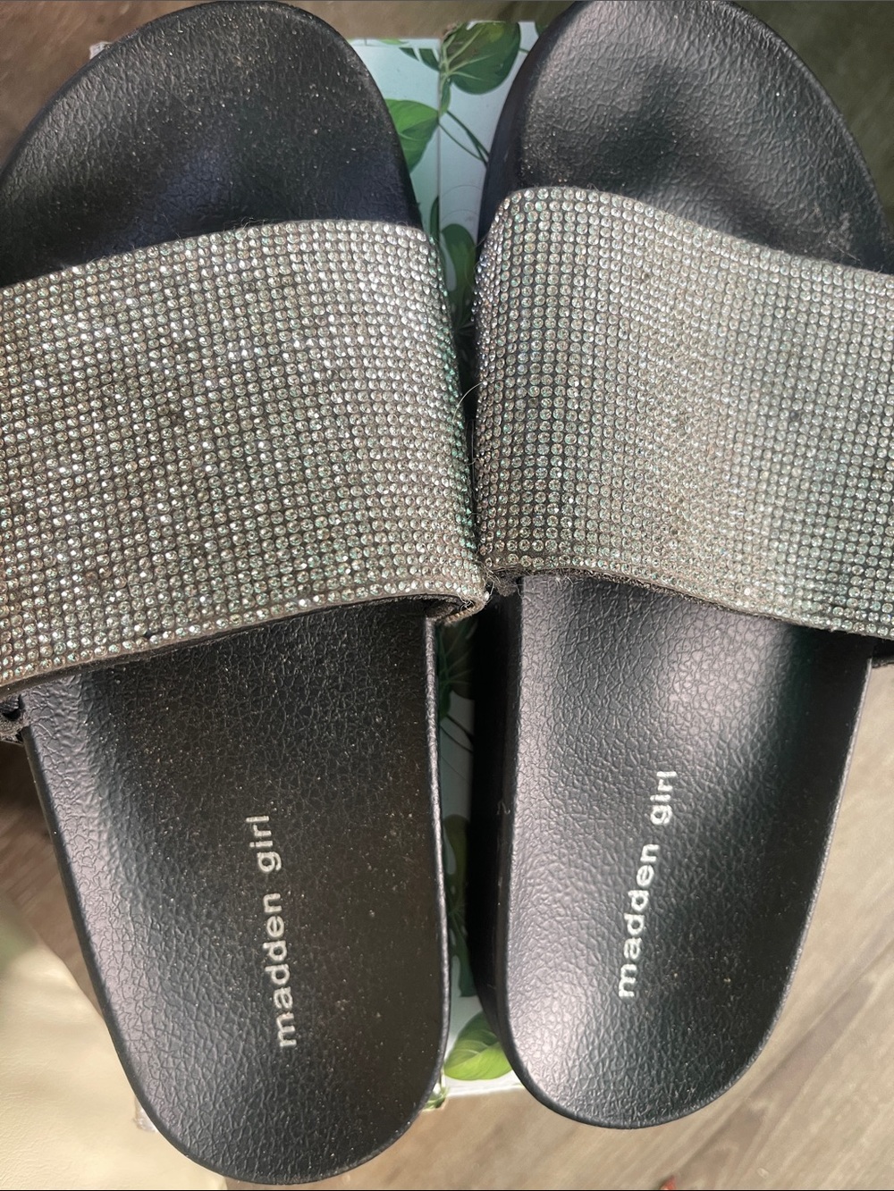 Madden Girl Black Slides with Sparkling Silver Strap